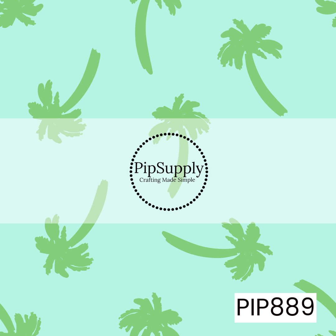 A breezy tropical pattern featuring scattered palm tree silhouettes in soft grassy green against a light aqua background. The palms vary in size and orientation, creating a relaxed, wind-swept feel with a hand-drawn artistic style. Clean and playful with a fresh coastal color palette that evokes beach vacations, island breezes, and sunny seaside days.
