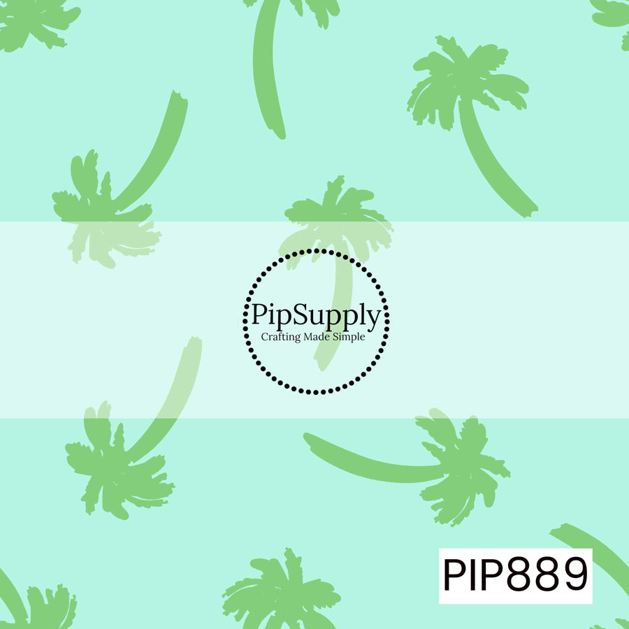 A breezy tropical pattern featuring scattered palm tree silhouettes in soft grassy green against a light aqua background. The palms vary in size and orientation, creating a relaxed, wind-swept feel with a hand-drawn artistic style. Clean and playful with a fresh coastal color palette that evokes beach vacations, island breezes, and sunny seaside days.
