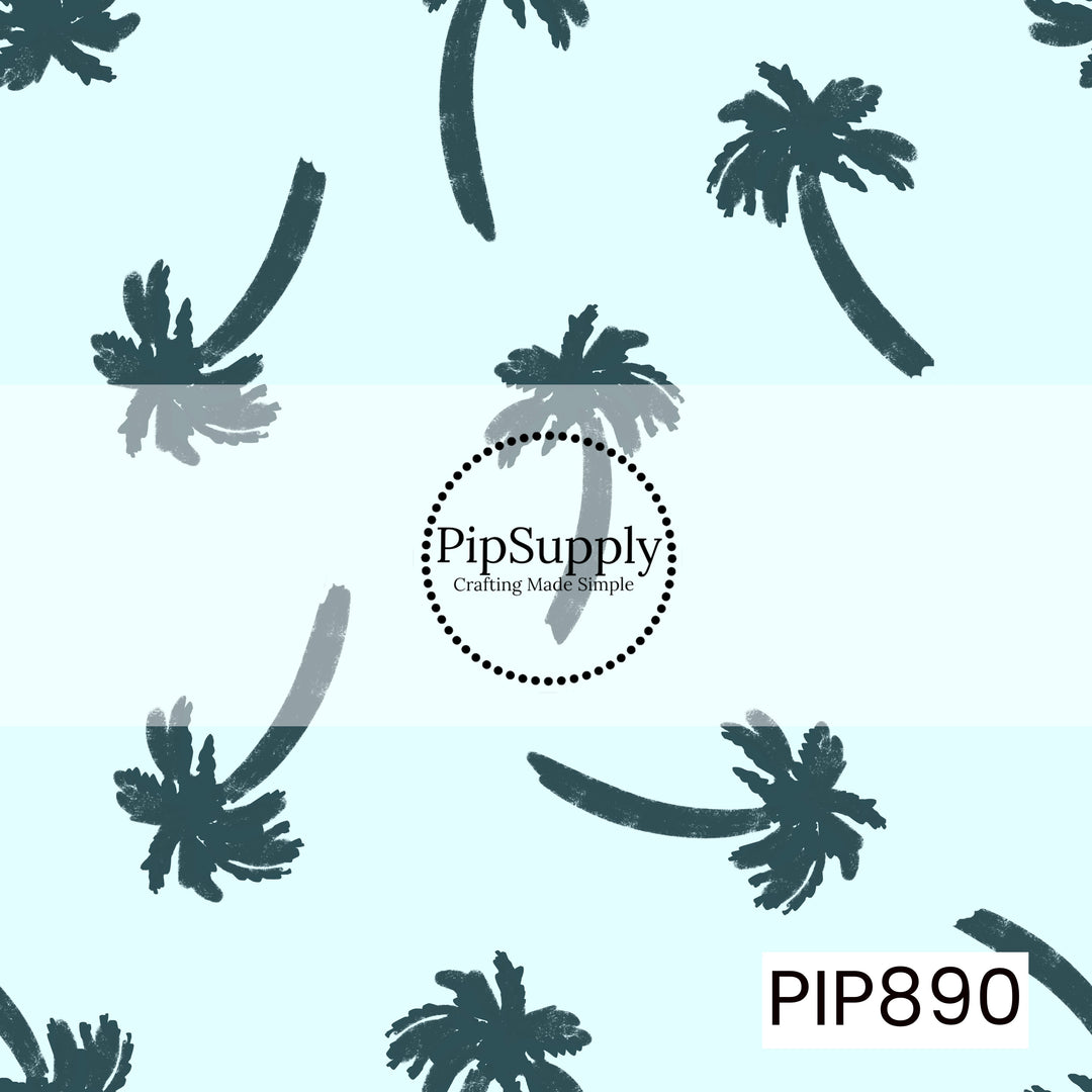 A breezy tropical pattern featuring scattered palm tree silhouettes in deep navy blue against a soft light blue background. The palms vary in size and orientation, creating a relaxed, wind-swept feel with a hand-drawn artistic style. A subtle textured finish adds depth and character, while the cool coastal color palette evokes ocean views, seaside escapes, and laid-back beach vibes.
