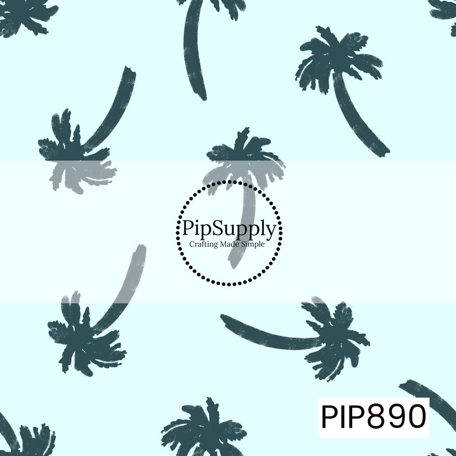 A breezy tropical pattern featuring scattered palm tree silhouettes in deep navy blue against a soft light blue background. The palms vary in size and orientation, creating a relaxed, wind-swept feel with a hand-drawn artistic style. A subtle textured finish adds depth and character, while the cool coastal color palette evokes ocean views, seaside escapes, and laid-back beach vibes.

