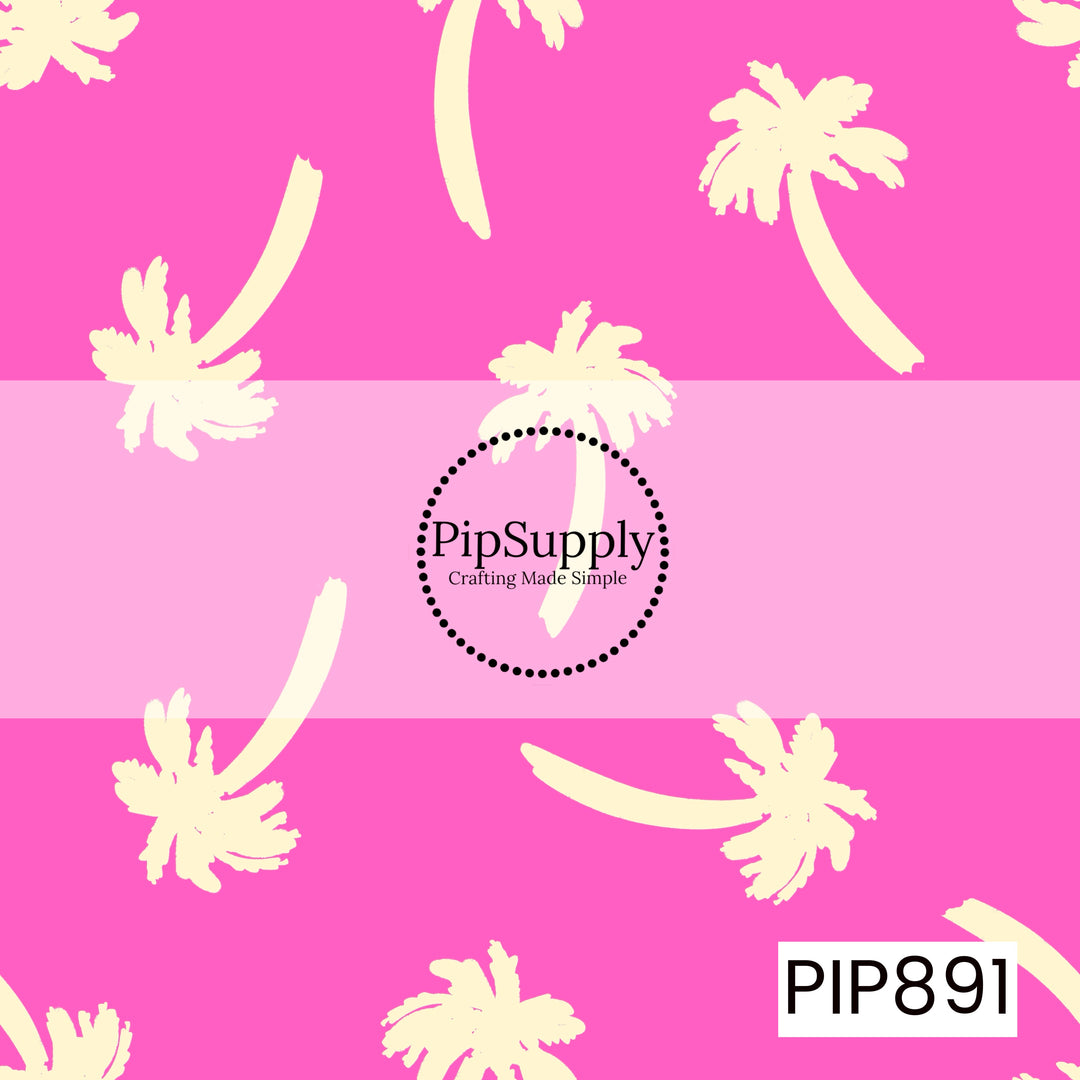 A vibrant tropical pattern featuring scattered palm tree silhouettes in a soft creamy yellow against a bold hot pink background. The palms vary in size and orientation, creating a relaxed, breezy feel with a playful hand-drawn style. Bright, cheerful, and full of coastal energy, the striking color palette evokes sunny beach days, tropical getaways, and fun summertime vibes.
