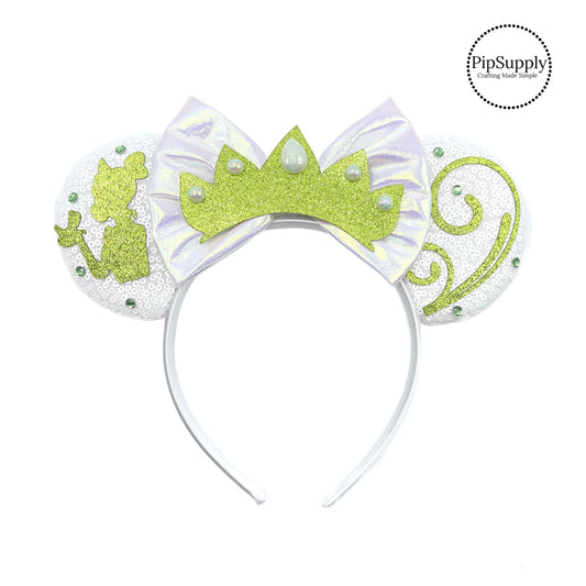 These beautiful mouse ear headbands are a stylish hair accessory. These comfortable headbands have an attached white bow and white glitter mouse ears. Along with rhinestones, pearls, princess cut-out, and crown embellishment. This hair accessory comes completely assembled and is great for park vacations, costumes or for everyday wear!