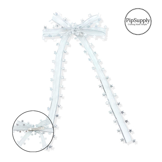 These silver metallic star long ribbon hair bows are ready to package and resell to your customers no sewing or measuring necessary! These come pre-tied with an attached alligator clip. The delicate bow is perfect for all hair styles for kids and adults.
