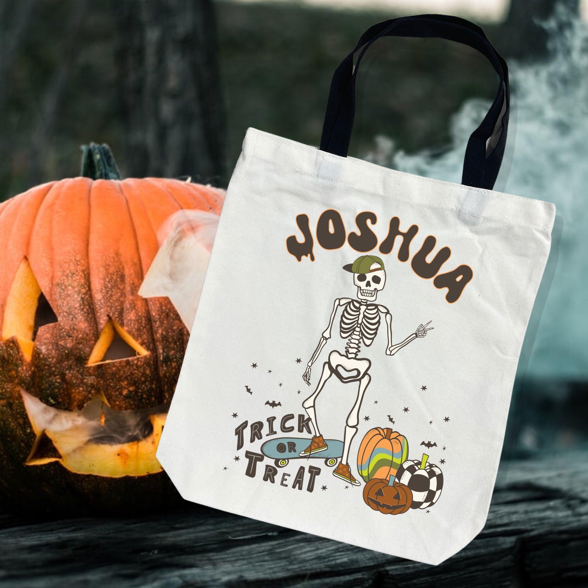 Custom Personalized Halloween Trick or Treat Bag - Skater Boy Skeleton with Pumpkins. 