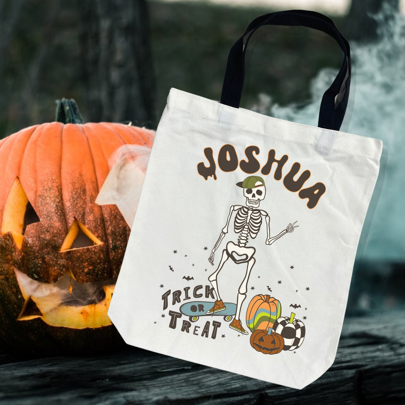 Skater Skeleton Themed Trick orTreat Tote Bag Skater Boy Skeleton