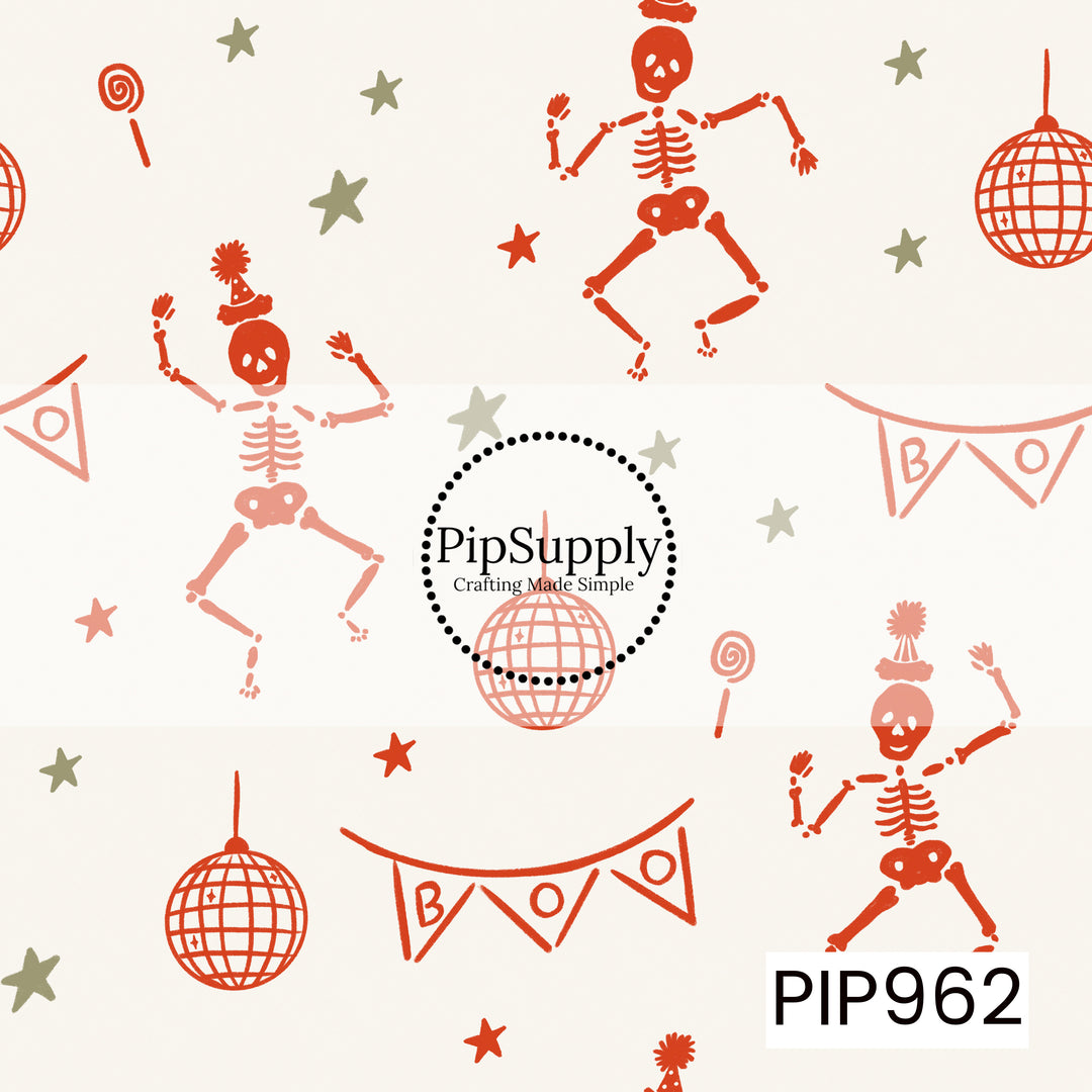 A whimsical Halloween pattern featuring dancing skeletons in festive party hats, disco balls, lollipops, scattered stars, and "BOO" banners in shades of rust orange, blush pink, and sage green on a soft cream background.
