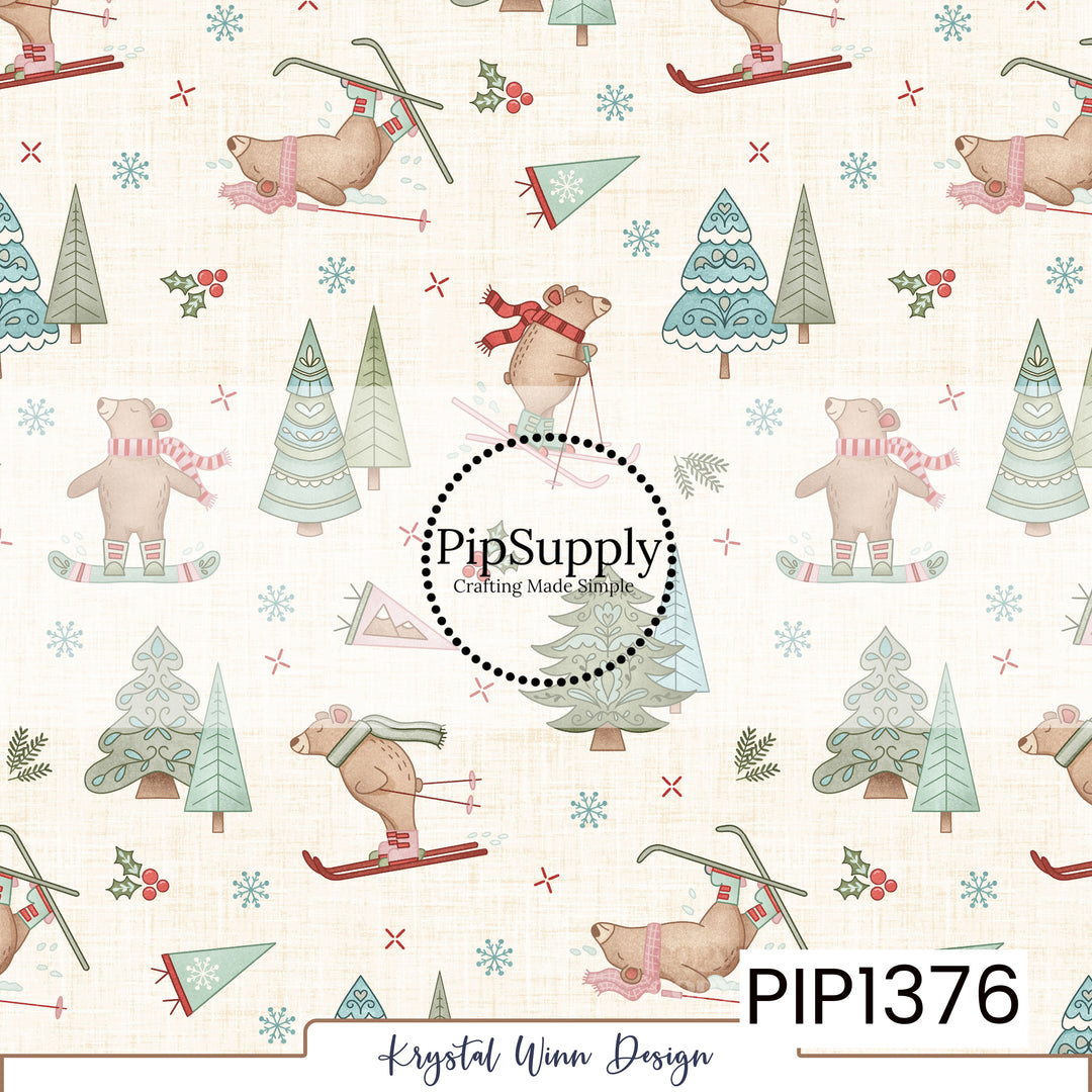 A whimsical winter print featuring adorable tan bears skiing and snowboarding in pink striped scarves, cozy winter boots, and soft green accessories. The playful bears are surrounded by decorative Christmas trees in muted sage green, dusty teal, and mint, along with delicate blue snowflakes, red holly berries, and evergreen sprigs against a warm cream, linen-textured background for a sweet, vintage-inspired winter feel.