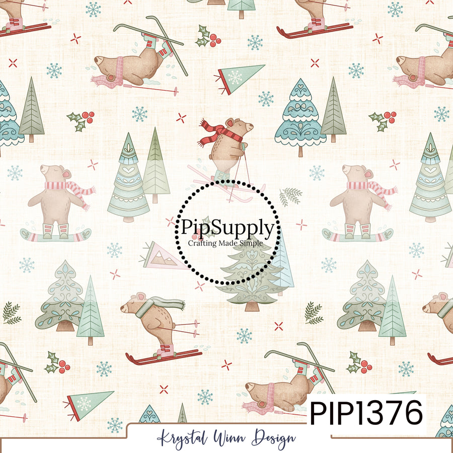 A whimsical winter print featuring adorable tan bears skiing and snowboarding in pink striped scarves, cozy winter boots, and soft green accessories. The playful bears are surrounded by decorative Christmas trees in muted sage green, dusty teal, and mint, along with delicate blue snowflakes, red holly berries, and evergreen sprigs against a warm cream, linen-textured background for a sweet, vintage-inspired winter feel.