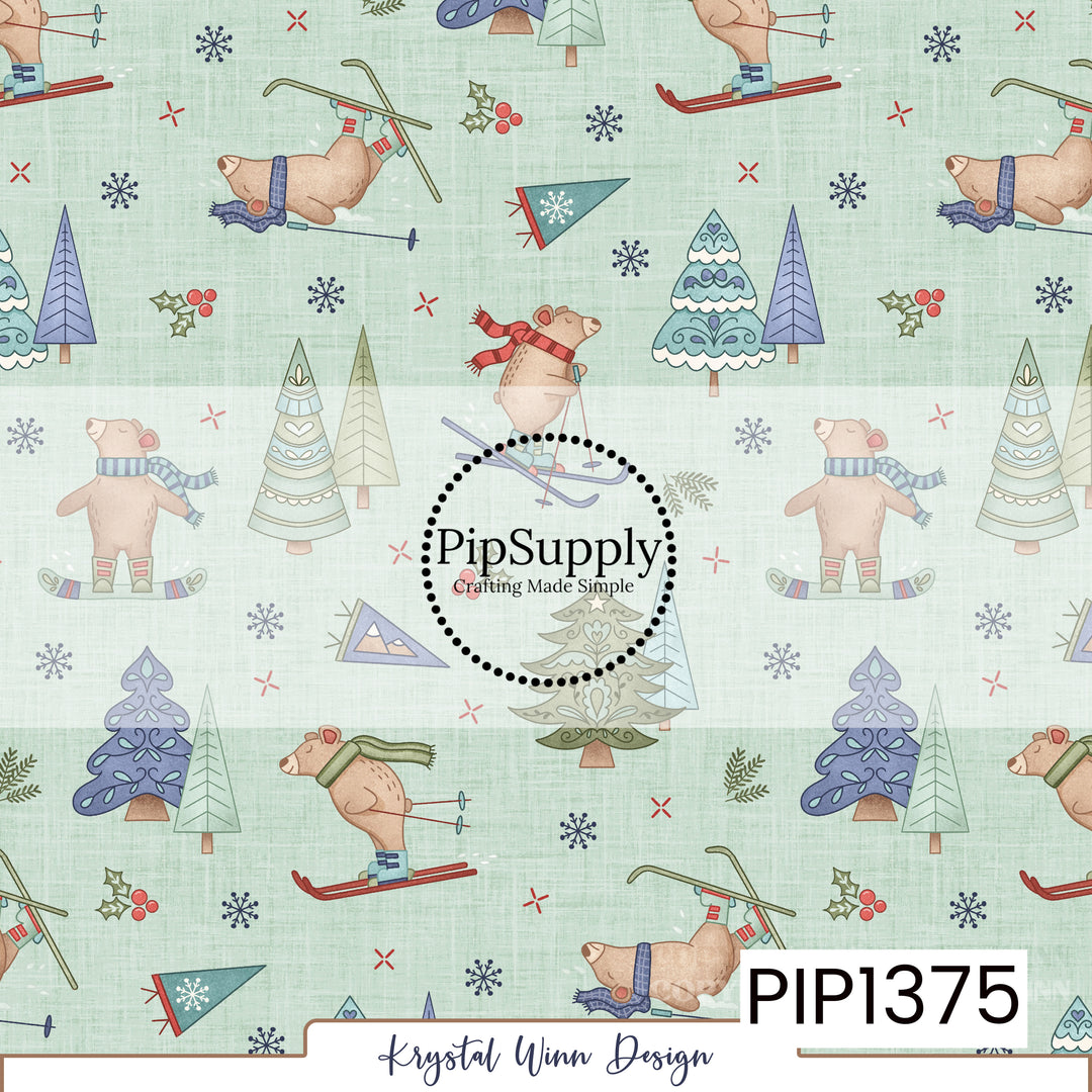 A whimsical winter print featuring adorable tan bears skiing and snowboarding in colorful scarves, cozy hats, and winter boots. The playful bears are surrounded by decorative Christmas trees in soft sage green, dusty blue, lavender, and mint, along with delicate snowflakes, holly berries, evergreen sprigs, and vintage ski lodge accents. A pale mint green, linen-textured background with a lighter horizontal band adds a soft, cozy feel to this charming winter design.