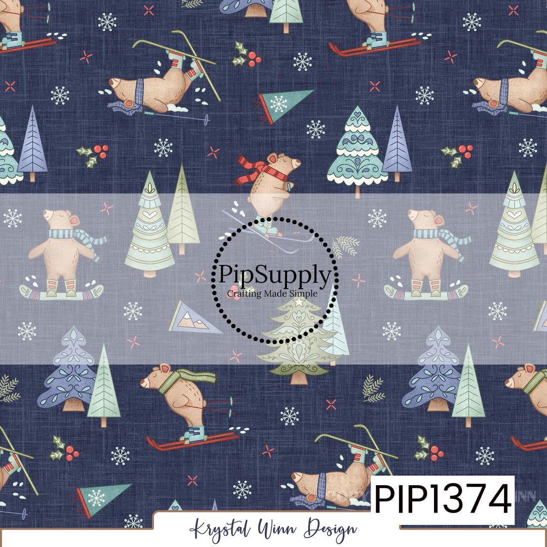 A whimsical winter print featuring adorable tan bears skiing and snowboarding in colorful scarves, winter boots, and cozy accessories. The playful bears are surrounded by decorative Christmas trees in soft sage green, mint, lavender, and dusty blue, along with delicate snowflakes, holly berries, evergreen sprigs, and scattered winter accents. A deep navy blue, linen-textured background with a lighter dusty blue horizontal band gives this charming design a cozy, vintage-inspired ski lodge feel.