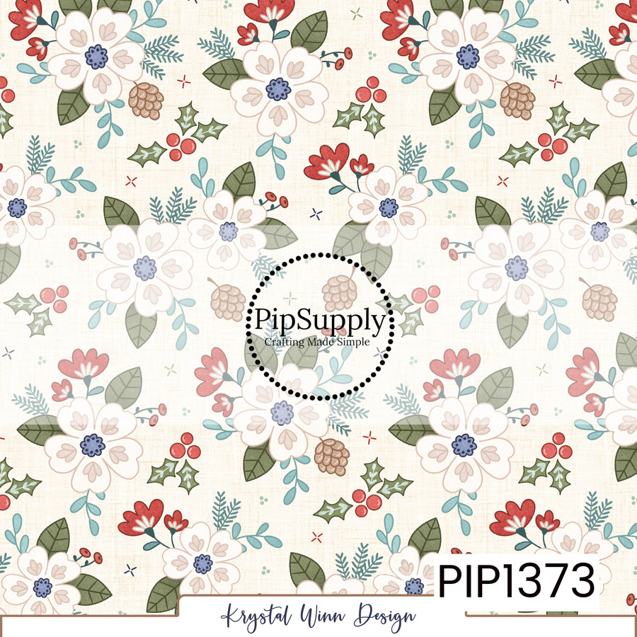A charming vintage-inspired winter floral print featuring large ivory flowers with soft blush pink petal details and dusty blue centers on a warm cream, linen-textured background. The flowers are surrounded by muted olive green leaves, dusty teal foliage, delicate evergreen sprigs, small coral red blossoms, pinecones, and clusters of bright red holly berries. Tiny scattered accents complete this whimsical, cozy holiday design.