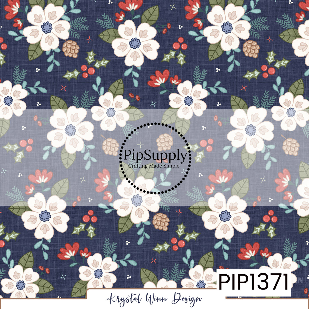 A charming winter floral print featuring large ivory flowers with soft blush petal details and dusty blue centers against a deep navy background. The flowers are surrounded by muted olive green leaves, dusty teal foliage, delicate pine branches, small red blossoms, pinecones, and clusters of bright red holly berries. Scattered tiny accents and a subtle linen-like texture give this festive botanical design a cozy, vintage-inspired feel.