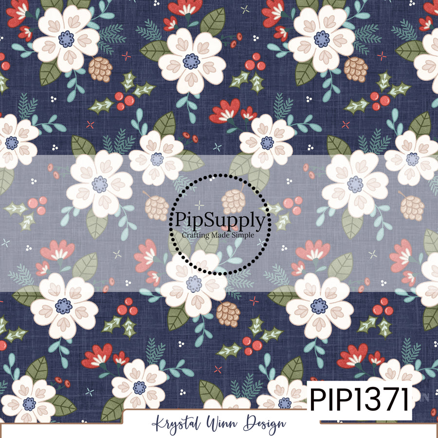 A charming winter floral print featuring large ivory flowers with soft blush petal details and dusty blue centers against a deep navy background. The flowers are surrounded by muted olive green leaves, dusty teal foliage, delicate pine branches, small red blossoms, pinecones, and clusters of bright red holly berries. Scattered tiny accents and a subtle linen-like texture give this festive botanical design a cozy, vintage-inspired feel.