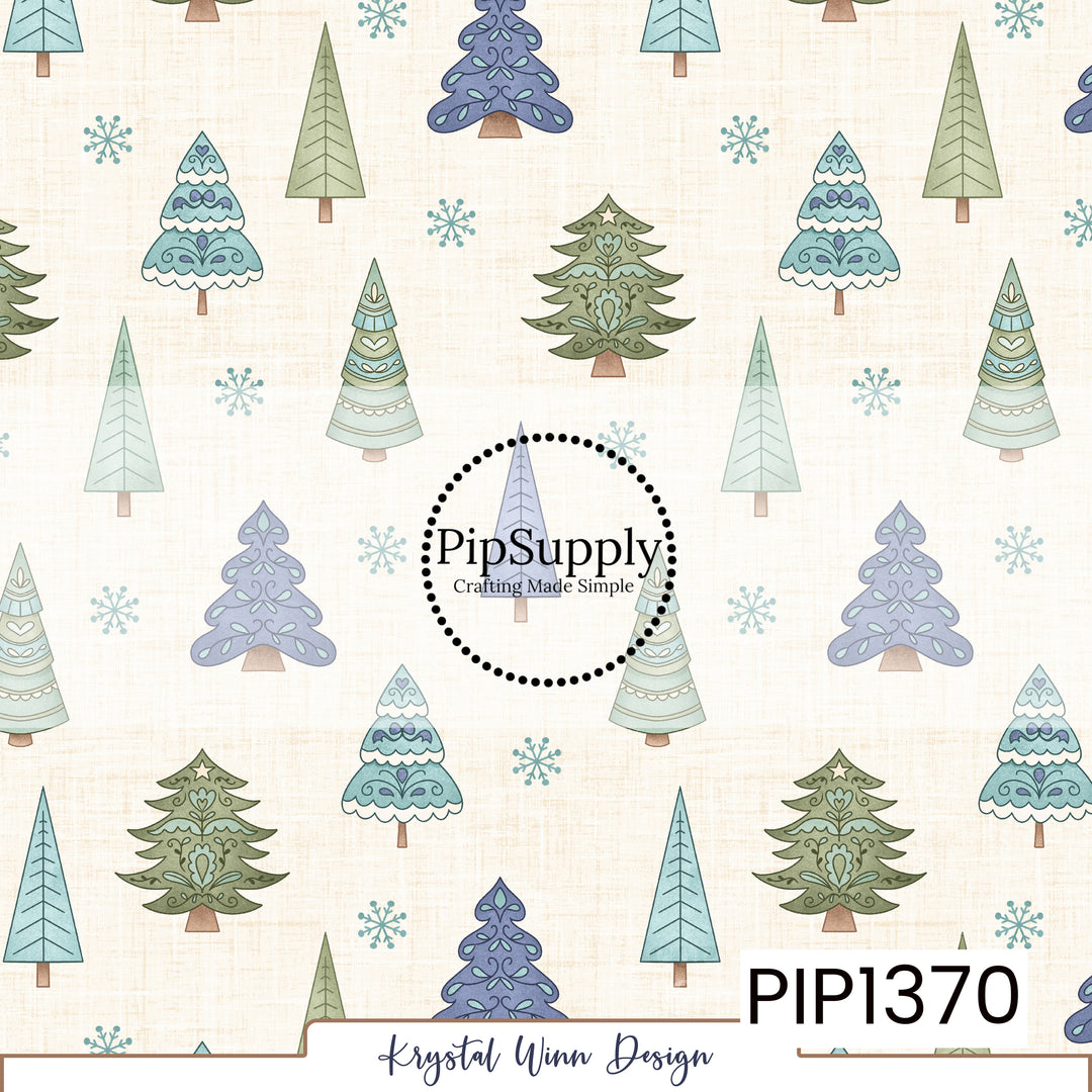 A whimsical winter woodland print featuring an assortment of decorative Christmas trees in soft sage green, dusty teal, icy mint, and muted lavender against a warm cream background. The trees feature charming Scandinavian-inspired details, including delicate swirls, hearts, scalloped edges, stars, and intricate ornamental designs. Small dusty teal snowflakes are scattered throughout, while a subtle linen-like texture adds a cozy, vintage-inspired feel.