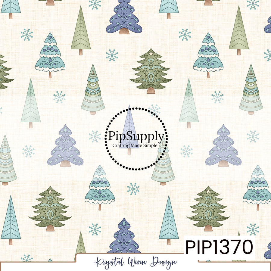 A whimsical winter woodland print featuring an assortment of decorative Christmas trees in soft sage green, dusty teal, icy mint, and muted lavender against a warm cream background. The trees feature charming Scandinavian-inspired details, including delicate swirls, hearts, scalloped edges, stars, and intricate ornamental designs. Small dusty teal snowflakes are scattered throughout, while a subtle linen-like texture adds a cozy, vintage-inspired feel.