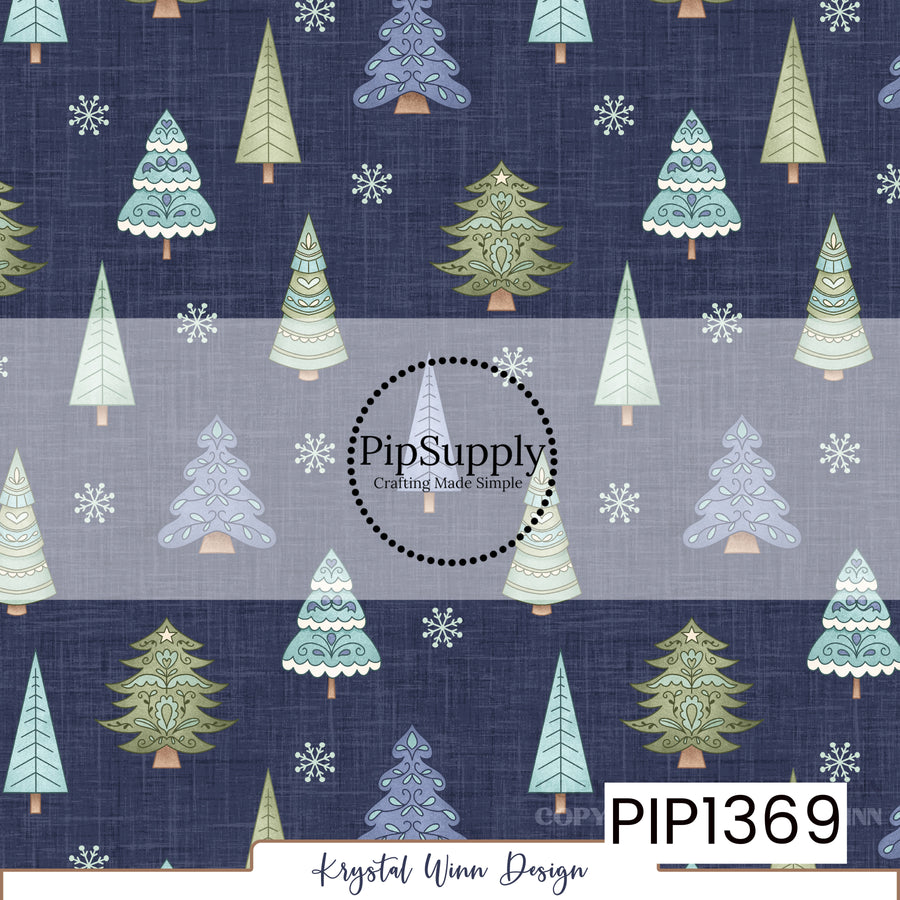 A whimsical winter woodland print featuring an assortment of decorative Christmas trees in soft sage green, icy mint, dusty teal, and muted lavender against a deep navy blue background. The trees showcase intricate Scandinavian-inspired details, including delicate swirls, hearts, scalloped edges, and ornamental patterns. Small mint-colored snowflakes are scattered throughout, while a subtle linen-like texture adds a cozy, vintage-inspired feel.
