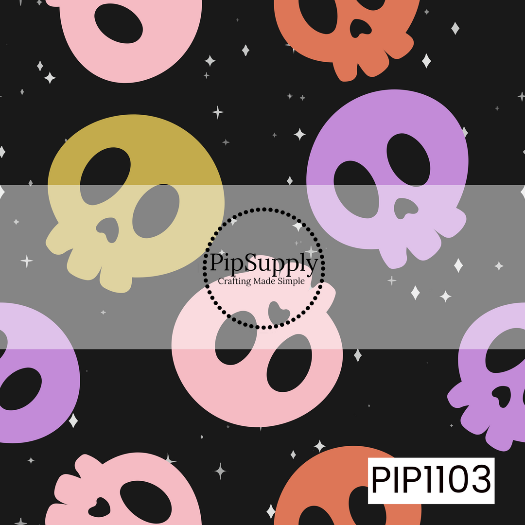 A bold seamless pattern featuring oversized pastel skulls in shades of pink, purple, mustard, and orange on a charcoal black background. Tiny twinkling stars add a whimsical touch, creating a fun mix of spooky and playful Halloween style.
