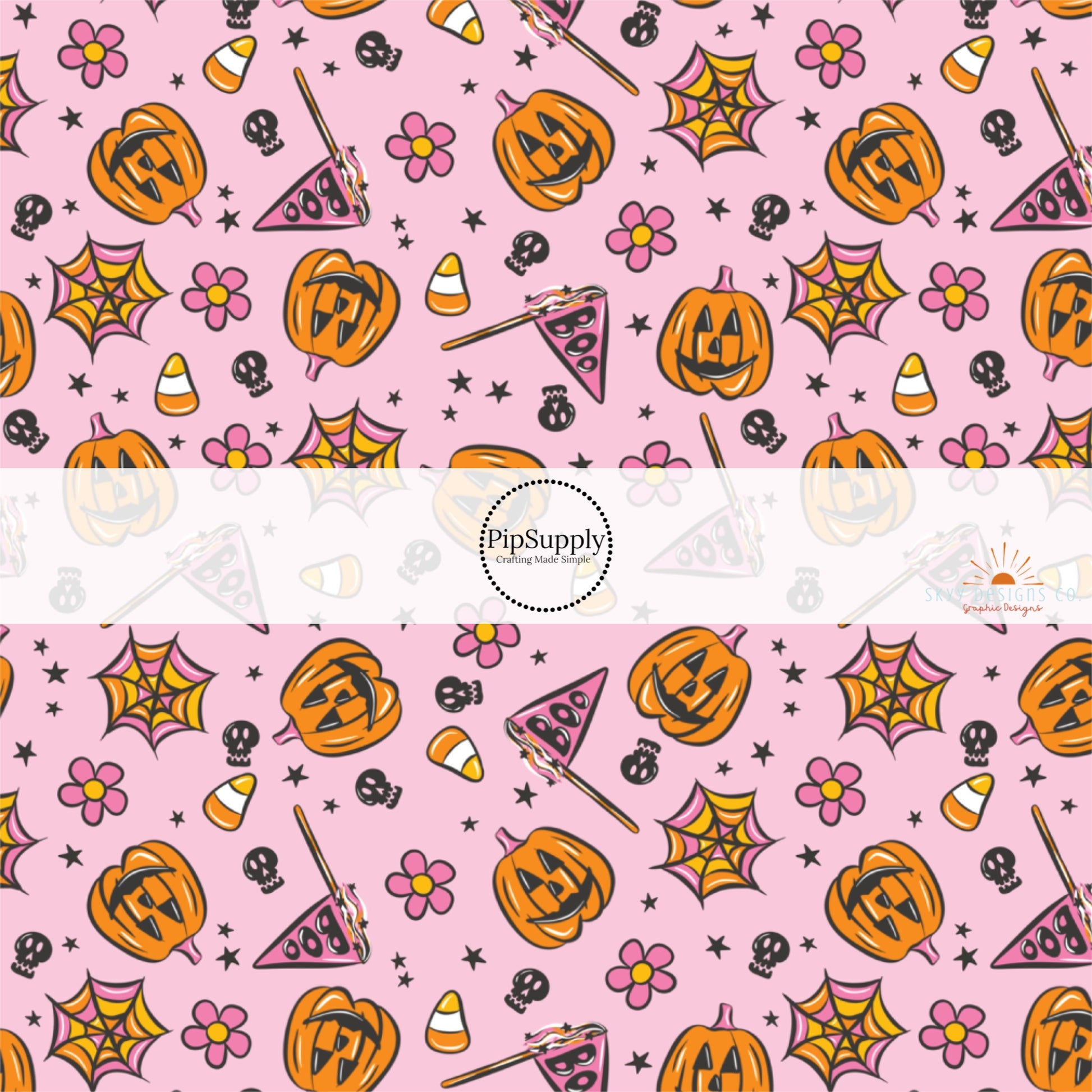 Pink fabric by the yard with pumpkins, florals, spiderwebs, and candy corn.