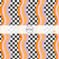 Black and white checkered fabric by the yard with purple and orange wavy stripes.