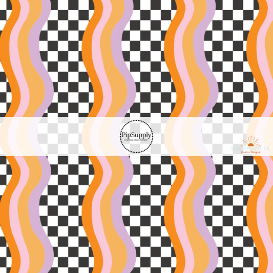 Black and white checkered fabric by the yard with purple and orange wavy stripes.