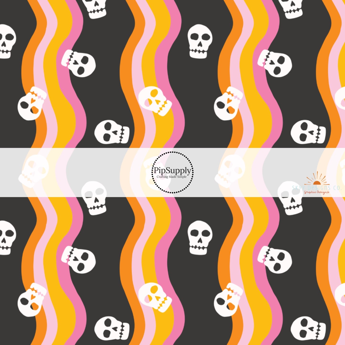 Yellow, orange, and pink wavy stripes in black fabric by the yard with white skulls.