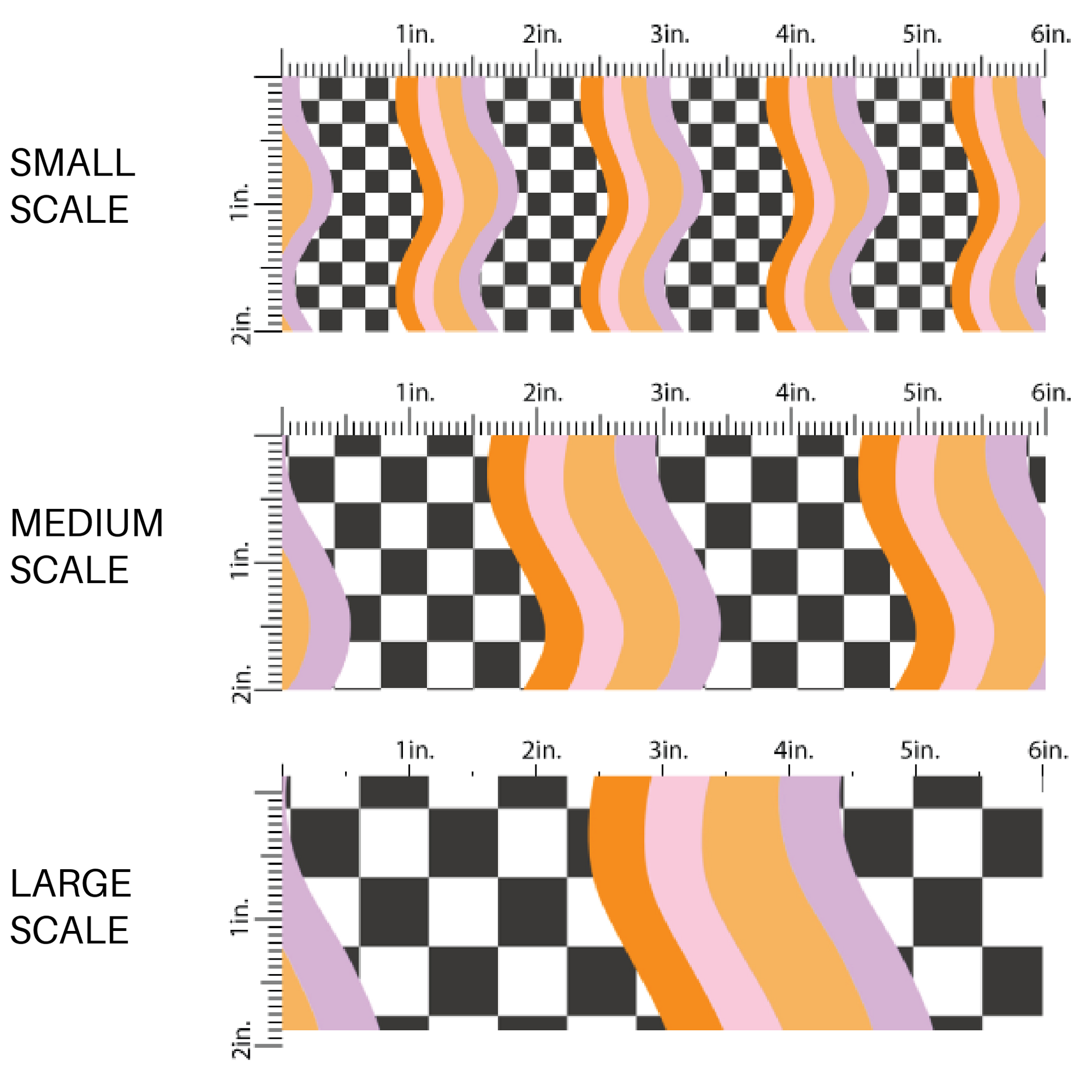 Black and white checkered fabric by the yard scaled image guide with purple and orange wavy stripes.