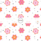 White fabric by the yard with pink and orange daisies and tiny scattered black stars.
