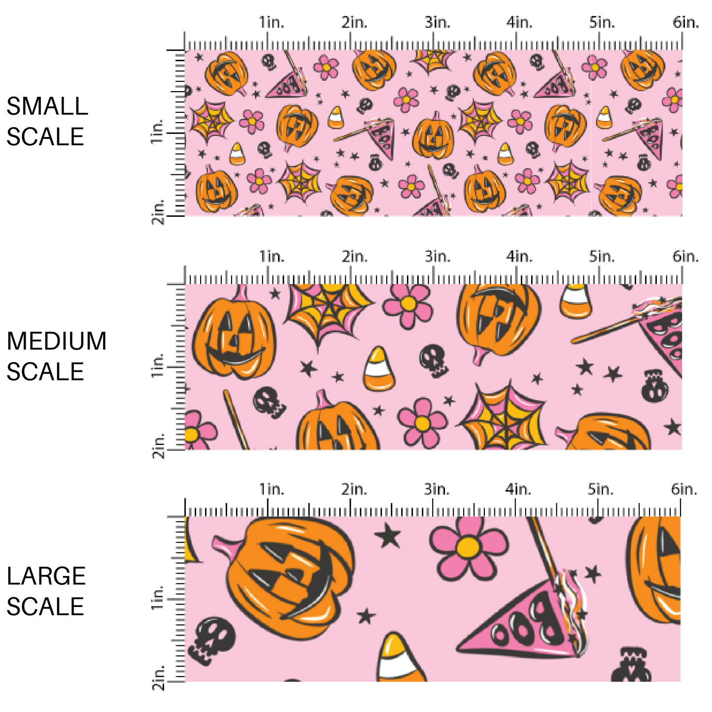 Pink fabric by the yard scaled image guide with pumpkins, florals, spiderwebs, and candy corn.