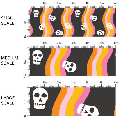 Yellow, orange, and pink wavy stripes in black fabric by the yard scaled image guide with white skulls.