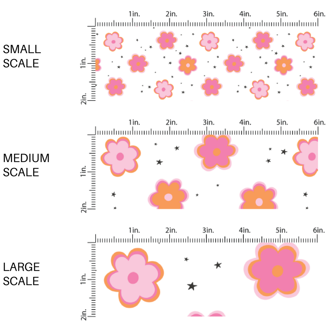 White fabric by the yard scaled image guide with pink and orange daisies and tiny scattered black stars.