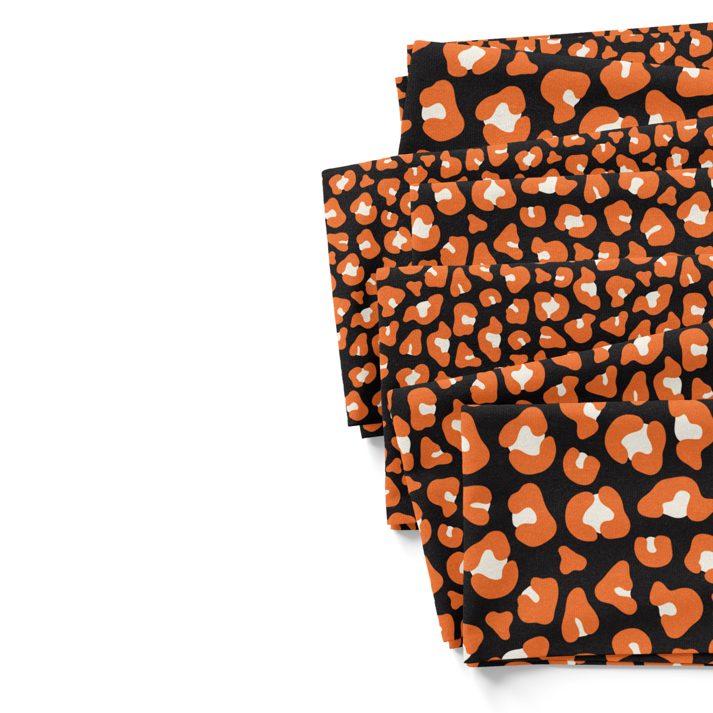 Orange and white leopard print fabric swatches.