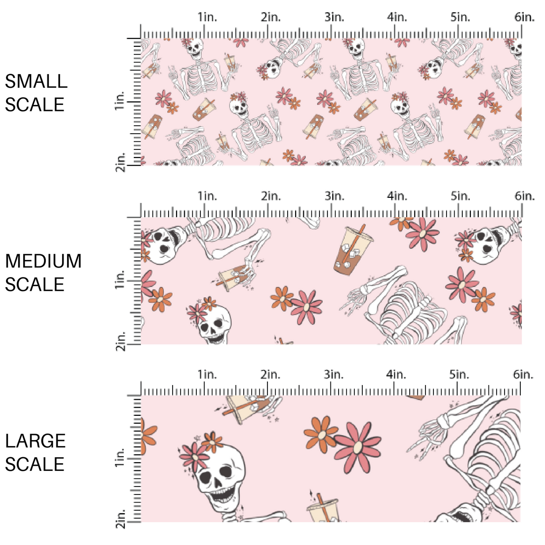 Light pink fabric by the yard scaled image guide with florals and skeletons drinking iced coffee.