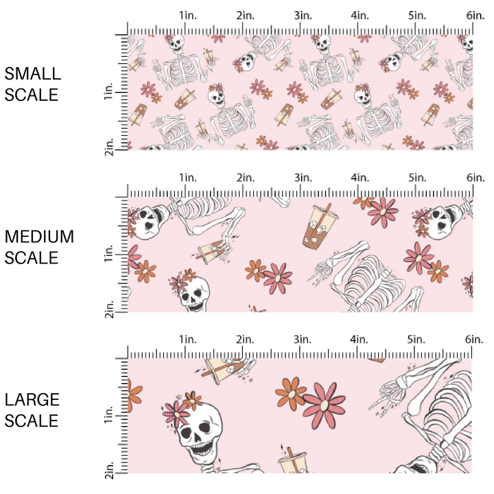 Light pink fabric by the yard scaled image guide with florals and skeletons drinking iced coffee.