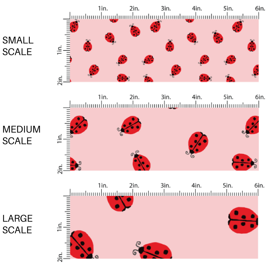 This scale chart of small scale, medium scale, and large scale of these ladybug themed pink fabric by the yard features tiny red ladybugs on light pink. This fun insect themed fabric can be used for all your sewing and crafting needs! 