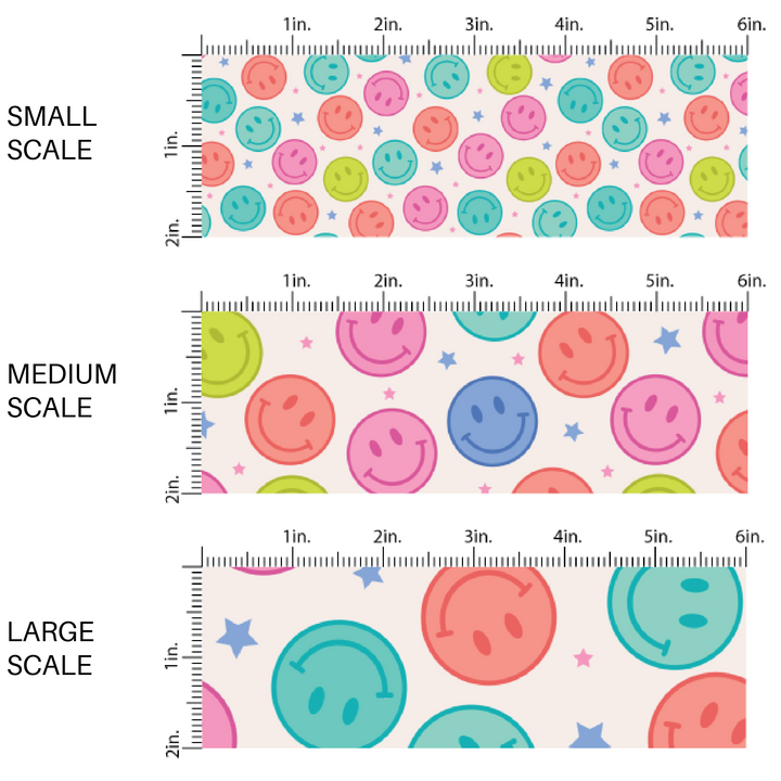 Cream fabric by the yard scaled image guide with blue and pink stars and multi-colored smiley faces.
