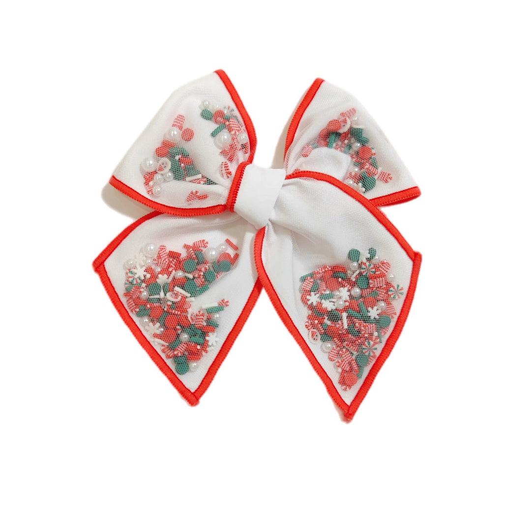 Snowy Christmas Pinwheel Hair Bow w/ Clip