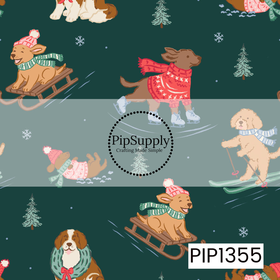 A playful winter seamless pattern featuring adorable pups enjoying snowy adventures! Sweet dogs are dressed in cozy knit sweaters, colorful scarves, and pom-pom hats while sledding, ice skating, skiing, and playing in the snow. Scattered snowflakes, snowy evergreen trees, and tiny snow details complete the design against a rich, dark forest green background, creating a fun and cozy wintertime feel.