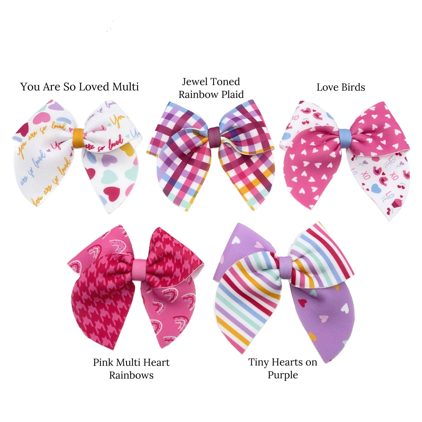 Hearts, Stripes, Plaid, and Sayings Valentine's Day Neoprene Bubble Hair Bows and Pattern Names.