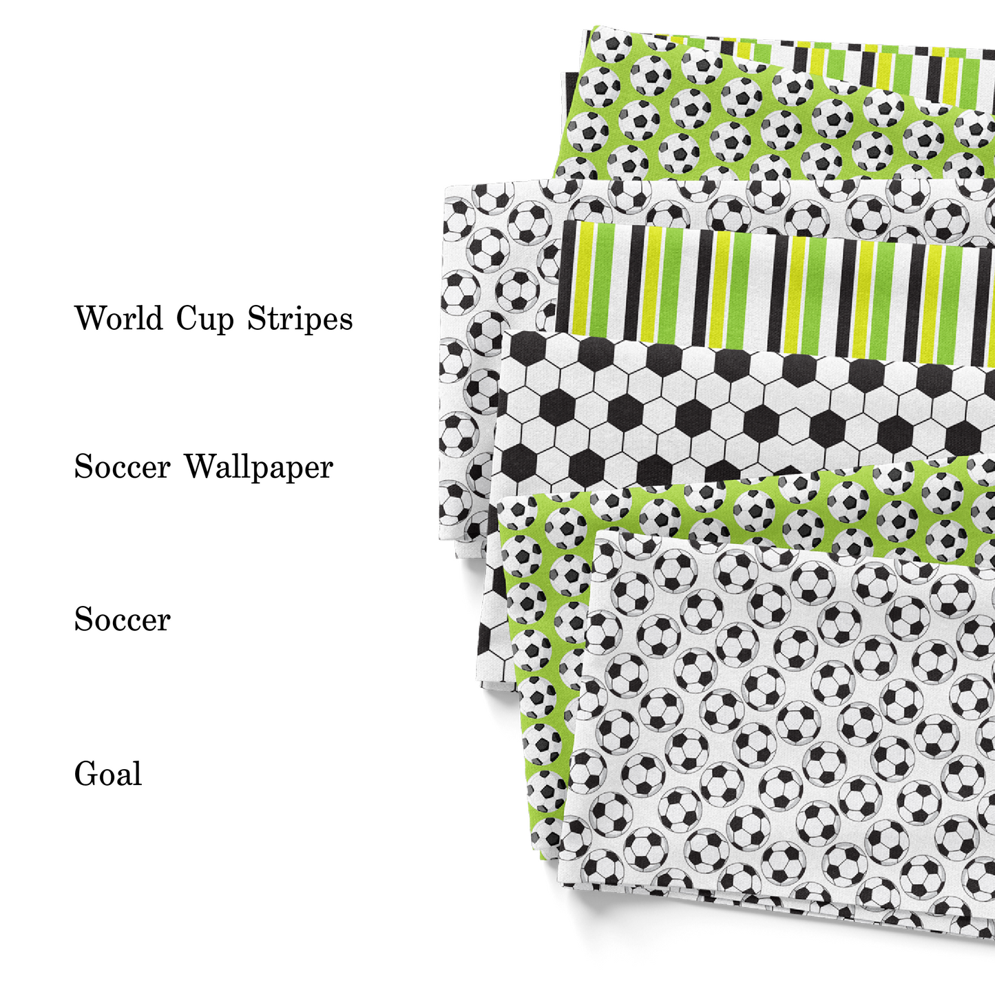 PIP Supply soccer sports collection fabric swatches with pattern names.