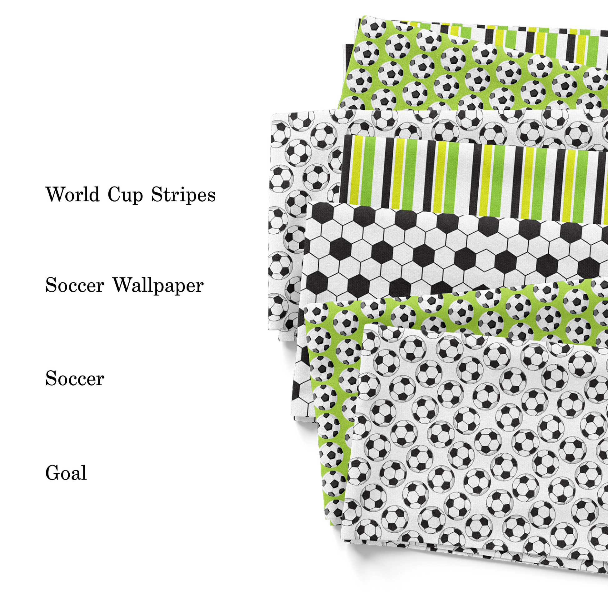 PIP Supply soccer collection fabric swatches with pattern names