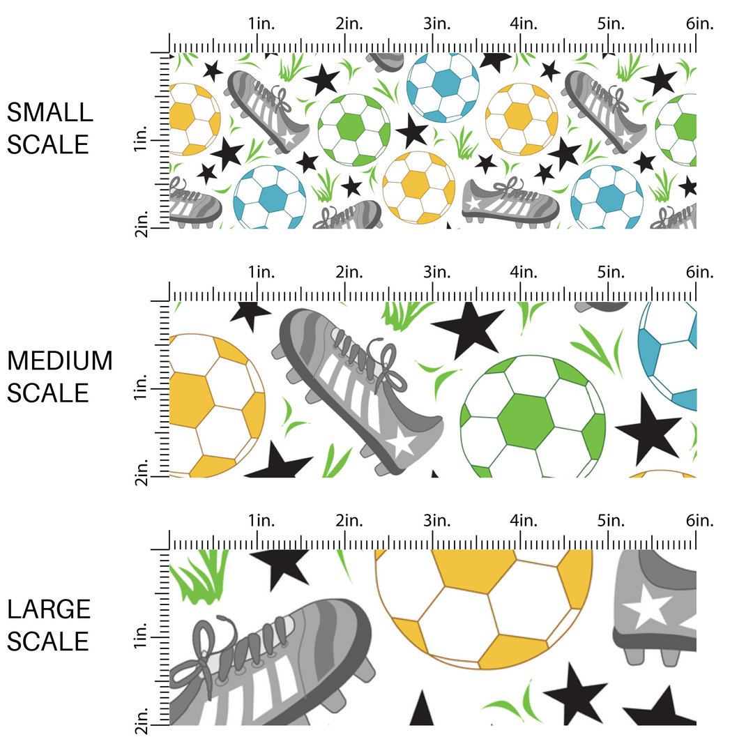 White fabric by the yard scaled image guide with gray soccer cleats, soccer balls, and black stars.