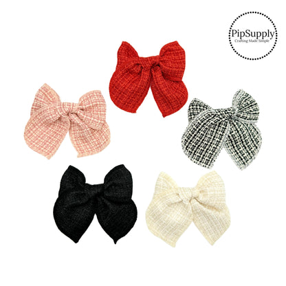 Theses holiday soft tweed hair bows are ready to package and resell to your customers no sewing or measuring necessary! These come pre-tied with an attached alligator clip. The holiday bow is perfect for all hair styles for kids and adults.