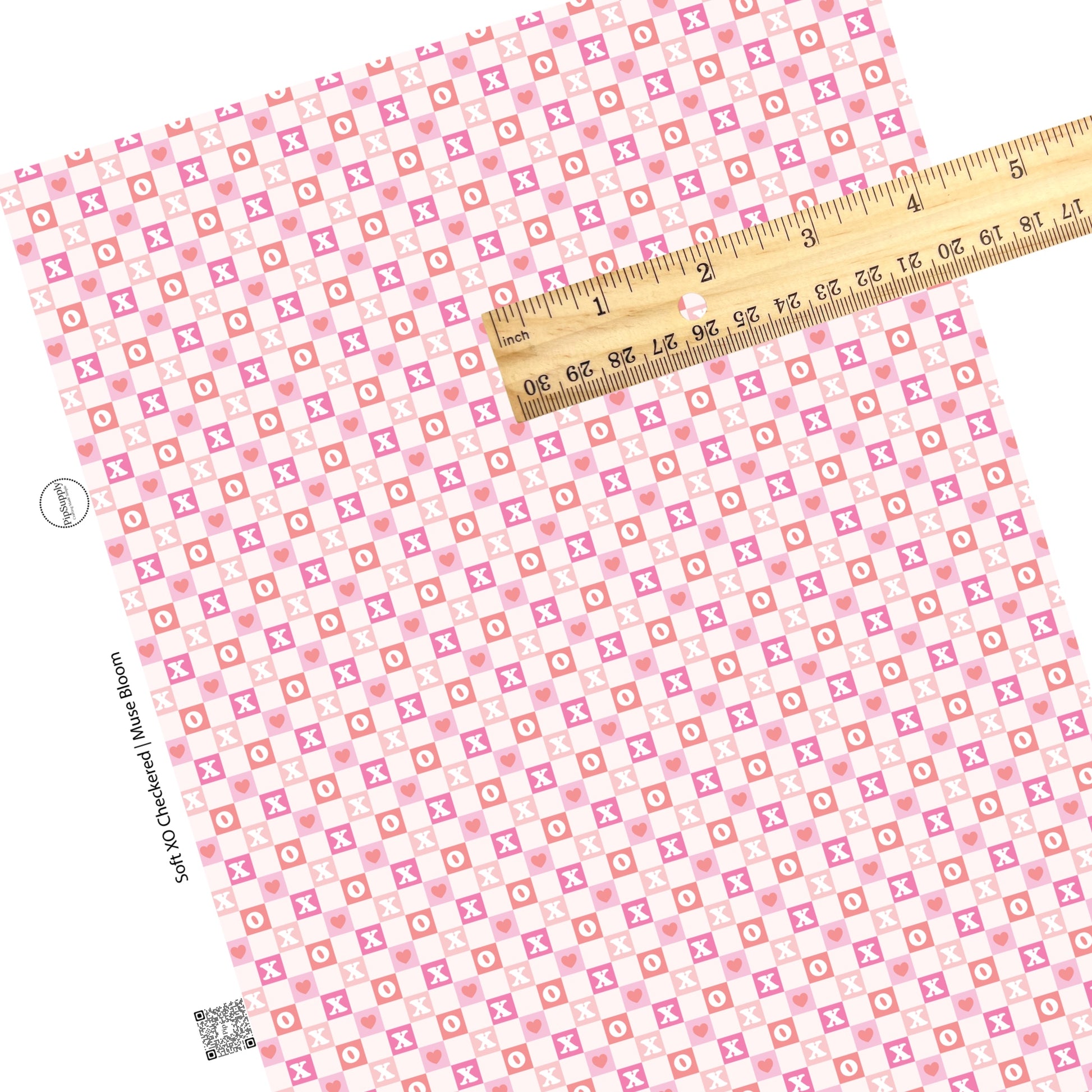 These Valentine's pattern themed faux leather sheets contain the following design elements: hot pink, peach, and light pink checker with XO and small hearts on cream. Our CPSIA compliant faux leather sheets or rolls can be used for all types of crafting projects.