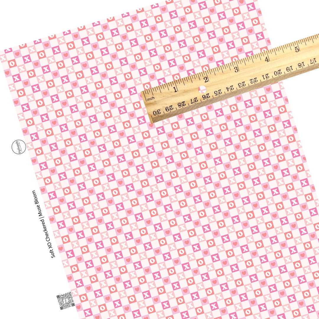 These Valentine's pattern themed faux leather sheets contain the following design elements: hot pink, peach, and light pink checker with XO and small hearts on cream. Our CPSIA compliant faux leather sheets or rolls can be used for all types of crafting projects.