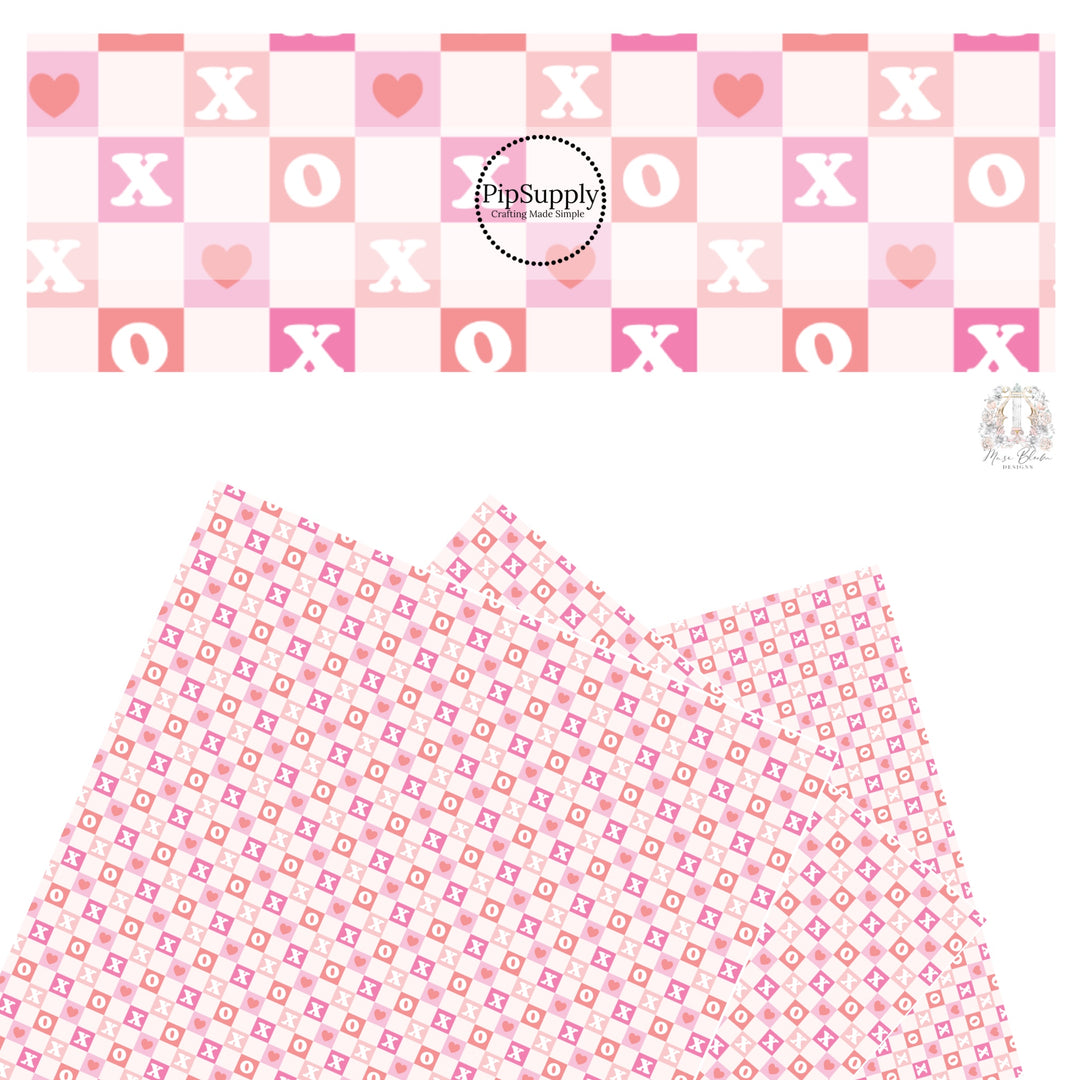 These Valentine's pattern themed faux leather sheets contain the following design elements: hot pink, peach, and light pink checker with XO and small hearts on cream. Our CPSIA compliant faux leather sheets or rolls can be used for all types of crafting projects.