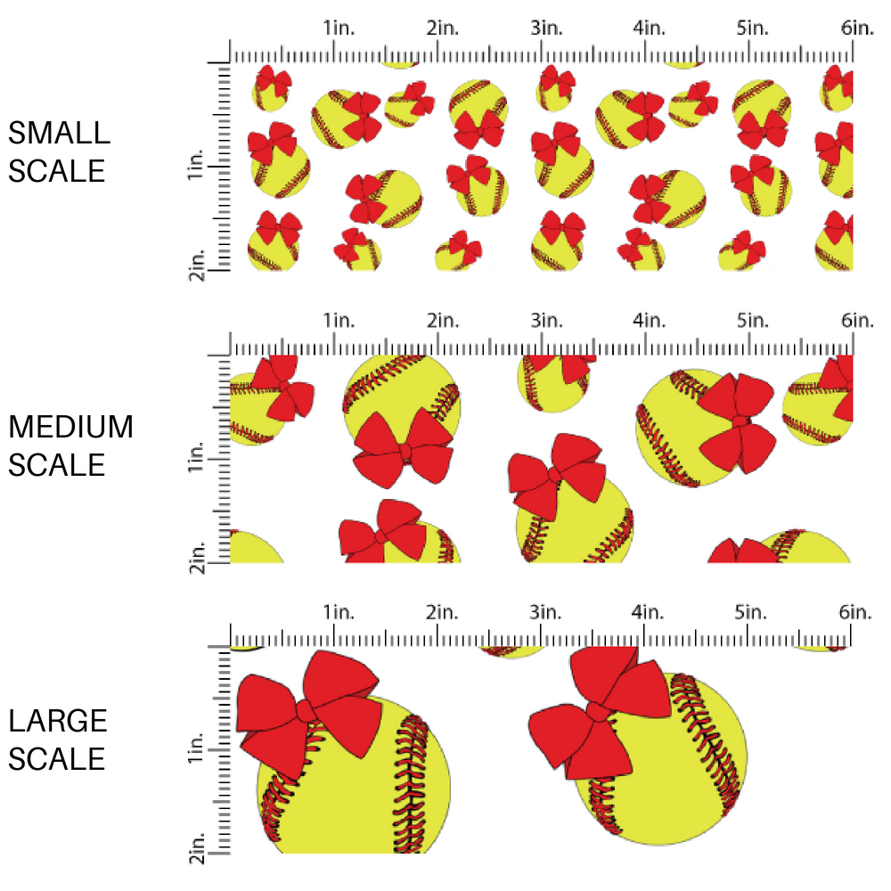 White fabric by the yard scaled image guide with yellow softballs and red bows.