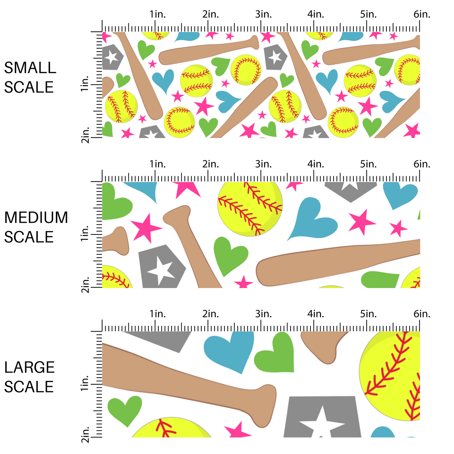 White fabric by the yard scaled image guide with yellow softballs, softball bats, home plates, hearts, and stars.