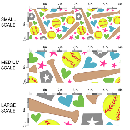 White fabric by the yard scaled image guide with yellow softballs, softball bats, home plates, hearts, and stars.