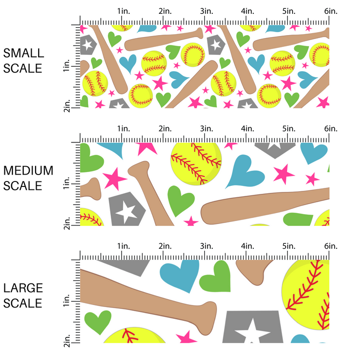 White fabric by the yard scaled image guide with yellow softballs, softball bats, home plates, hearts, and stars.