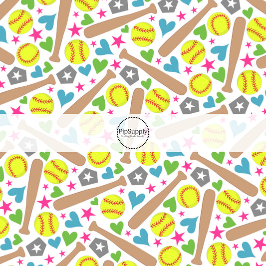 White fabric by the yard with yellow softballs, softball bats, home plates, hearts, and stars.